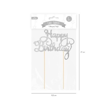 Topper na tort Happy Birthday srebrny