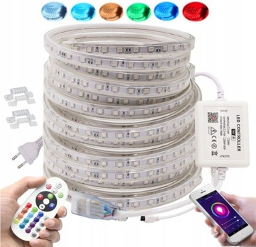 TAŚMA LED RGB 230V ZESTAW 15m IP67 PILOT smartfon