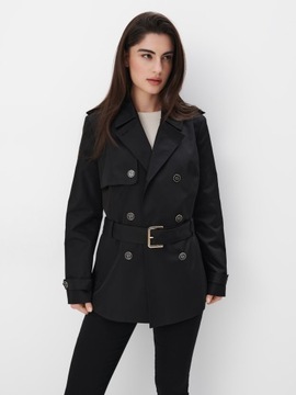 MOHITO płaszcz trencz dwurzędowy krótki czarny XL
