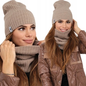 KOMPLET DAMSKI CZAPKA BEANIE KOMIN GOLF TUBA DUŻY ZESTAW MOKKA 2204