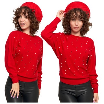 ELEGANCKI SWETEREK DAMSKI Z PEREŁKAMI KIMONOWY RĘKAW MORAJ CZERWONY L/XL