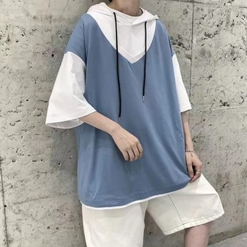 Summer Fake Two Piece Men Short Sleeve Hooded Pull