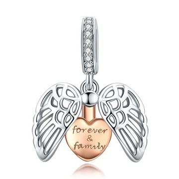 Charms Zawieszka Srebro 925 Serce Złote i Skrzydła Anioła z Cyrkoniami