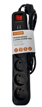 Hykker Przedłużacz z zasilaczem USB 1,5m 5 gniazd 2x USB Czarny