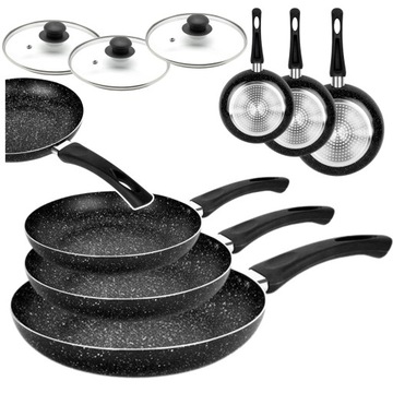 3x PATELNIA NIEPRZYWIERAJĄCA NON-STICK Z PRZYKRYWKĄ GRANITOWA MARMUROWA