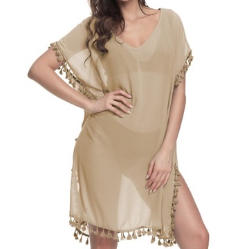 PAREO TUNIKA PLAŻOWA Z FRĘDZLAMI BRĄZOWA LUKIA