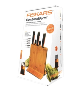 НАБОР ИЗ 5 НОЖЕЙ FISKARS В БАМБУКОВОМ БЛОКЕ ОСТРЫЕ НОЖИ + ПОДСТАВКА + ТОЧИЛКА
