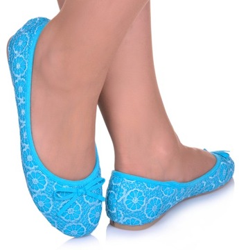 BALERINKI AŻUROWE KORONKOWE BŁĘKITNE MATERIAŁOWE LEKKIE WYGODNE _38, 25cm