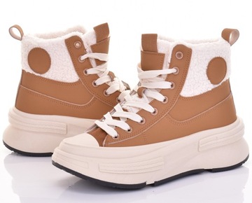 MODNE BUTY SPORTOWE DAMSKIE NA ZIMĘ OCIEPLANE SNEAKERSY KARMELOWE