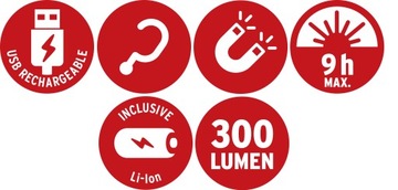 LATARKA AKUMULATOROWA LED DYNAMO USB MAGNES CZAS ŚWIECENIA 9 GODZIN 300lm