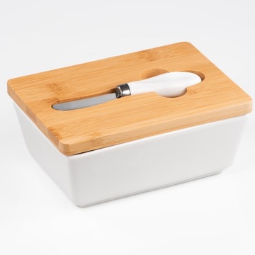 КОНДИТЕРСКИЙ НАБОР + ФАРФОРОВАЯ МАСЛЕНИЦА БЕЛАЯ С БАМБУКОВОЙ КРЫШКОЙ