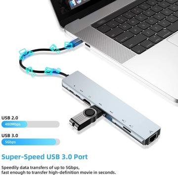 АДАПТЕР-ХАБ 8-в-1 Порт дисплея USB-C 4K/SD/TF RJ45