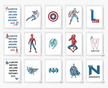 Zestaw 3 plakaty SUPERHERO imię dziecka, metryczka Różne wzory A3