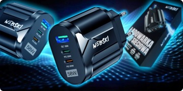 ZASILACZ ŁADOWARKA SIECIOWA 58W 2xUSB-C PD 20W + USB QC 3.0 Z KABLEM 5W1