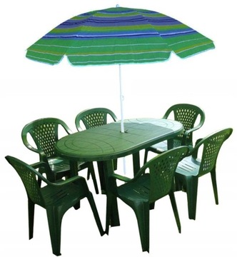 OGRODOWE MEBLE PLASTIKOWE ZIELONE DO OGRODU 6+1 KRZESŁA STÓŁ PARASOL