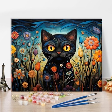 Malowanie po numerach Czarny Kot Kwiaty Zwierzęta na PŁÓTNIE 40x50 DIY