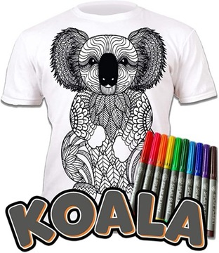 ФУТБОЛКА С РИСУНКОМ КОАЛА МЕДВЕДЬ МАНДАЛА + 10 смываемых маркеров 7-8 лет