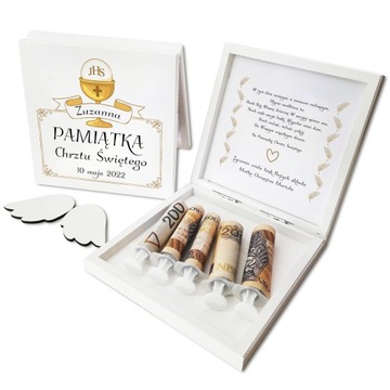 PAMIĄTKA CHRZTU ŚWIĘTEGO PUDEŁKO DREWNIANE NA PIENIĄDZE PREZENT CHRZEST