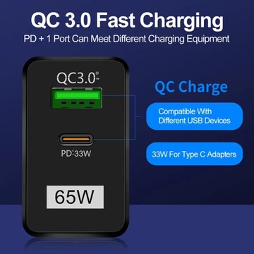 БЫСТРОЕ СЕТЕВОЕ ЗАРЯДНОЕ УСТРОЙСТВО 65 Вт GaN USB USB-C QC3 PD