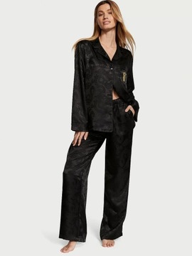 Długa piżama z satyny z wzorem Victoria's Secret czarna M (L) regular
