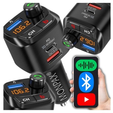 NAJMOCNIEJSZY TRANSMITER BLUETOOTH FM SAMOCHODOWY ŁADOWARKA 36W QC3.0 USB-C