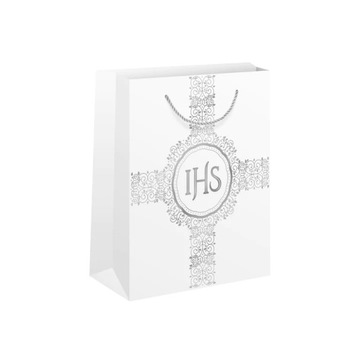 Большой подарочный пакет для причастия IHS бело-серебристый