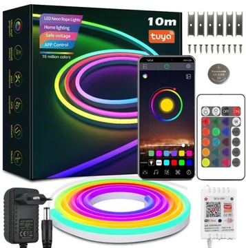 TAŚMA LED NEON 10M RGB (1x10)APLIKACJA WIFI TUYA PILOT IP67 24V WODOODPORNA