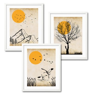 Plakaty TRYPTYK zachód słońca góry żurawie drzewo