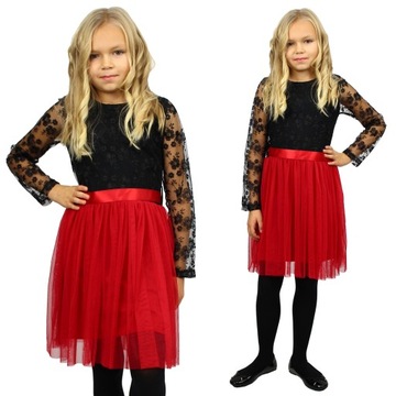 ELEGANCKA Sukienka TIULOWA Haft CZERWONA 140