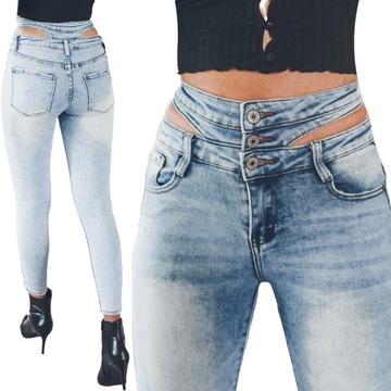 Jeansowe spodnie damskie wycięcie na biodrach XL