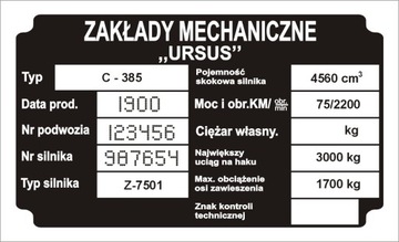 Tabliczka znamionowa ciągnik URSUS 385 wybita