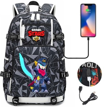 Czarny plecak Brawl Stars Mortis Robo z ładowaniem USB. Duża pojemność