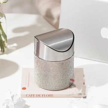 Bling Rhinestone Desktop Snack Trash Can Diamond Metal Swing Mini Trash