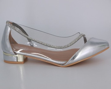 SREBRNE BALERINY DAMSKIE ZAMSZOWE W SZPIC SILIKONOWE SANDAŁY 42