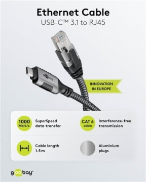 Кабель-переходник FTP Ethernet категории 6 USB-C 3.1 (тип A) на RJ45 (8P8C), 1,5 м
