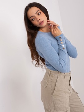 SWETER damski CIĄGLIWY prążkowany ozdobne rękawy F39 c.niebieski M/L