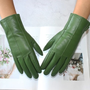 New Women Color Leather Gloves Striped Style Velvet Lining Autumn And
