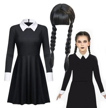 STRÓJ WEDNESDAY 110 - 116 + PERUKA PRZEBRANIE KOSTIUM ADDAMS SUKIENKA