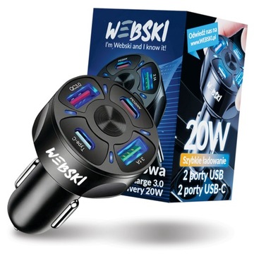 MOCNA SZYBKA ŁADOWARKA SAMOCHODOWA DO TELEFONU 2X USB 2X USB C 6A 30W PD QC