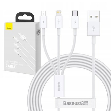 BASEUS SZYBKI KABEL USB 3w1 LIGHTNING USB C micro USB 3,5A UNIWERSALNY 1,5m