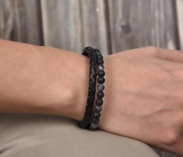 МУЖСКОЙ КОЖАНЫЙ БРАСЛЕТ, ЭЛЕГАНТНЫЕ СТАЛЬНЫЕ БУСЫ, МАГНИТНЫЙ ЗАЖИМ