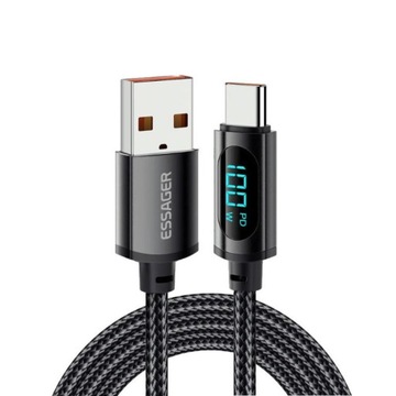 Kabel Szybkiego Ładowania 2m - USB-USB-C Przewód Oplot - Essager 100W z LED
