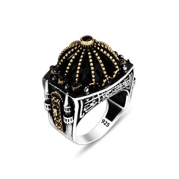 Exquisite 925K Mosque Design Silver Men's Ring with Onyx Dome