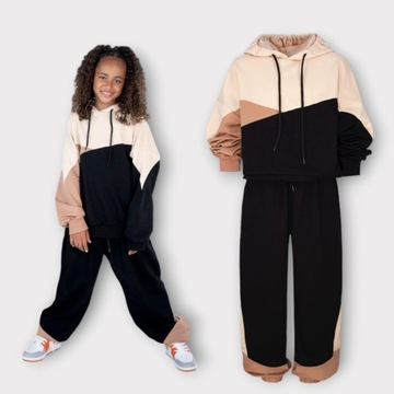 Bluza dresowa oversize spodnie szerokie dresowe komplet trio czarny 164