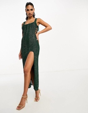 Asos Design cem rozporek zielona sukienka wiązanie maxi zdobienia L