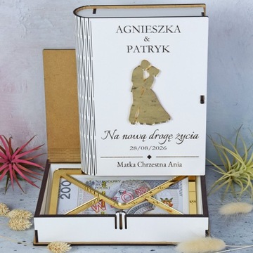Свадебная подарочная книжная коробка с золотым украшением и конвертом для денег