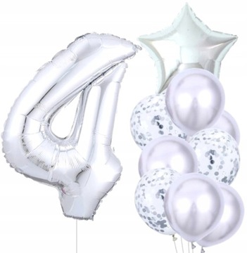 Balony 10szt na Czwarte urodziny Srebrne konfetti