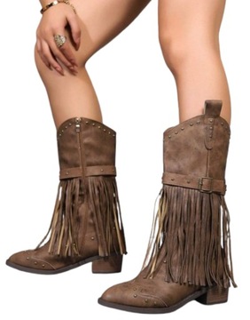 KOZAKI KOWBOJKI DAMSKIE BRĄZOWE Z FRĘDZLAMI 38 ŁJA