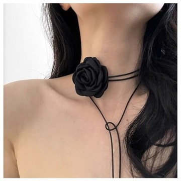 Naszyjnik choker ozdobny kwiat na szyję róża na rzemyku elegancki czarny N7