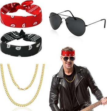 4x AKCESORIA ROCKMAN DODATKI DO STRÓJU ROCK N ROLL LATA 80 90 PERUKA CHUSTA